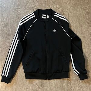 Adidas Men's Black Bomber Jacket with White Stripes